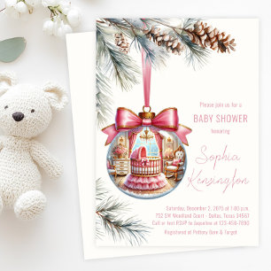 Convite Enfeite Rosa Elegante Chuvada de Bebê de Natal