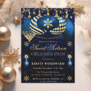 Convite Enfeites Brilhantes Azul e Dourado Sweet Sixteen