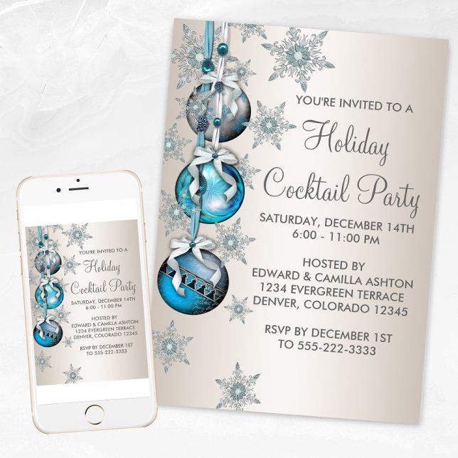 Convite Enfeites de Flocos de Neve Azul Turquesa Festa de  (Teal blue snowflakes ornament Christmas party invitation. Available for print and instant download.)