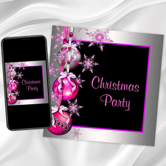 Convite Enfeites de Flocos de Neve Rosa Choque Festa de Na (Snowflakes and ornaments pink Christmas party invitation. Digital download and printed available.)