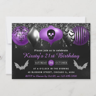 Convite Enfeites de Halloween Preto e Roxo 21º Aniversário