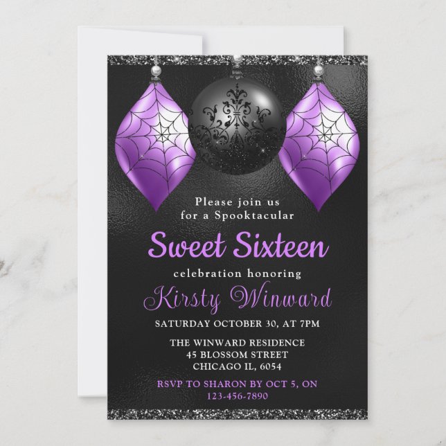 Convite Enfeites de Halloween Preto e Roxo Sweet 16 (Frente)