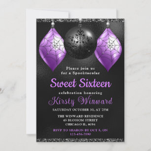 Convite Enfeites de Halloween Preto e Roxo Sweet 16