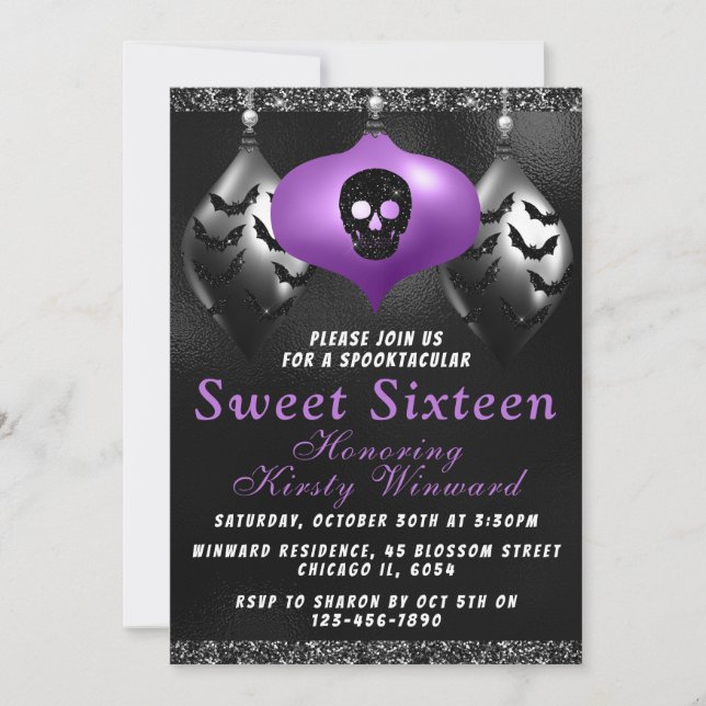 Convite Enfeites de Halloween Preto Roxo Sweet 16 (Frente)