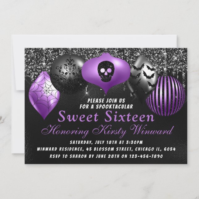 Convite Enfeites de Halloween Preto Roxo Sweet 16 (Frente)