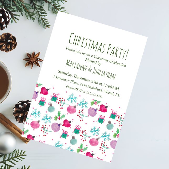 Convite Enfeites de Natal à Mão com Aquarela para Festa de (Criador carregado)