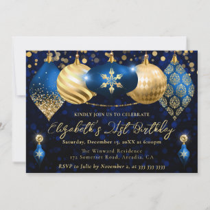 Convite Enfeites de Natal Azuis e Dourados Festa de Aniver