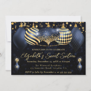 Convite Enfeites de Natal Azuis e Dourados Sweet 16