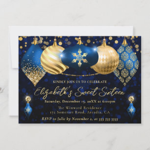 Convite Enfeites de Natal Azuis e Dourados Sweet 16