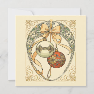 Convite Enfeites de Natal Bege e Art Nouveau Vermelho