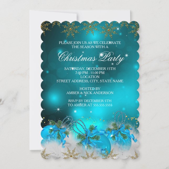 Convite Enfeites de Natal Blue Silver & Gold Holly Baubles (Frente)