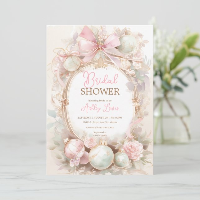 Convite Enfeites de natal, chá de panela rosado para impre (Em pé/Frente)