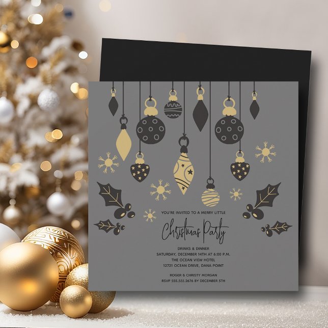 Convite Enfeites de natal chic (Chic Christmas tree ornaments on grey 5.25" square invitations, PRINTED and/or INSTANT DOWNLOAD)
