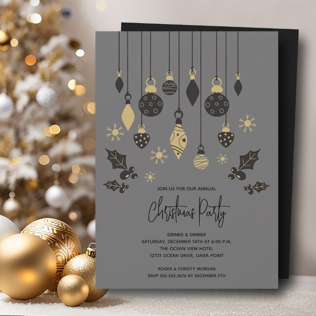Convite Enfeites de natal chic (Chic Christmas tree ornaments on grey party invitations, PRINTED and/or INSTANT DOWNLOAD)