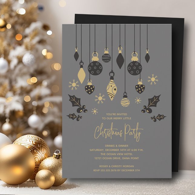 Convite Enfeites de natal chic (Chic Christmas tree ornaments on grey party invitations, PRINTED and/or INSTANT DOWNLOAD)