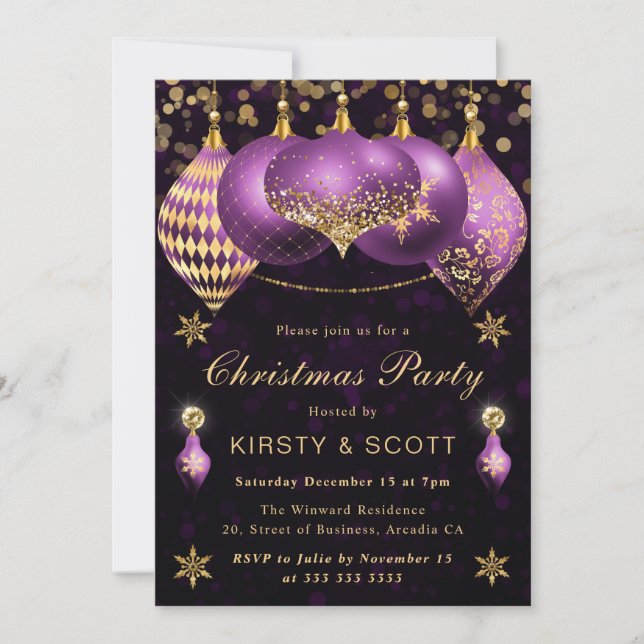Convite Enfeites de Natal com Brilho Roxo e Dourado para F (Frente)