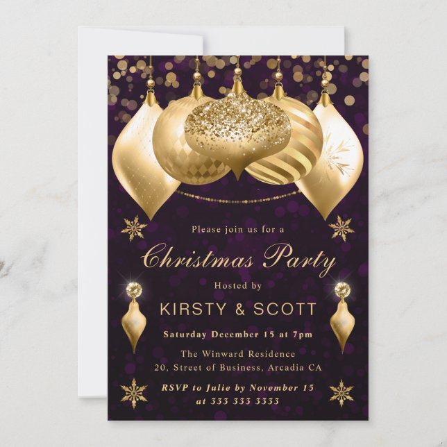 Convite Enfeites de Natal com Brilho Roxo e Dourado para F (Frente)