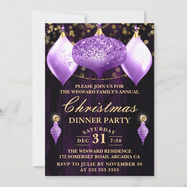 Convite Enfeites de Natal com Brilho Roxo para Jantar de N (Frente)