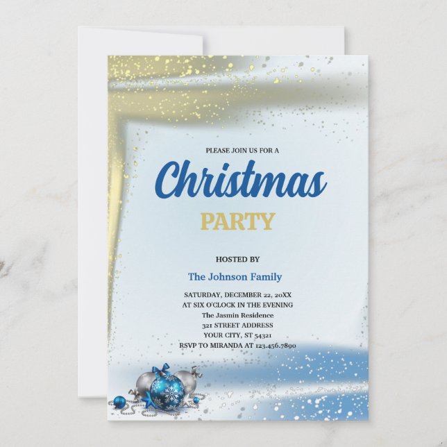 Convite Enfeites de Natal com Glitter dourado e azul PARTI (Frente)