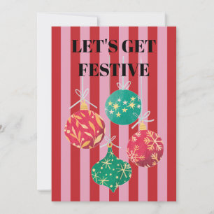 Convite Enfeites de Natal com listras rosa e vermelha