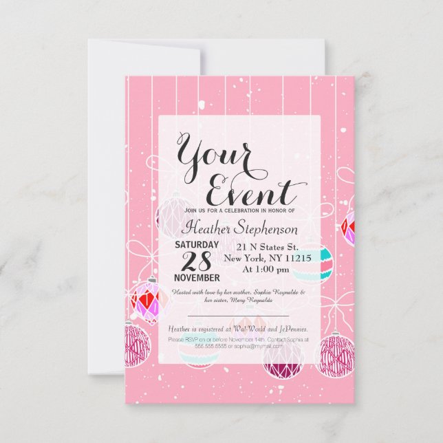 Convite Enfeites de natal de Vidro Rosa e Neve (Frente)