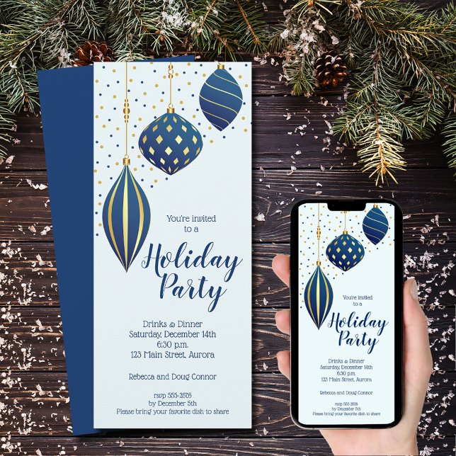 Convite Enfeites de Natal Dourados Azul Natal (Blue and gold Christmas tree ornaments holiday party invitations)