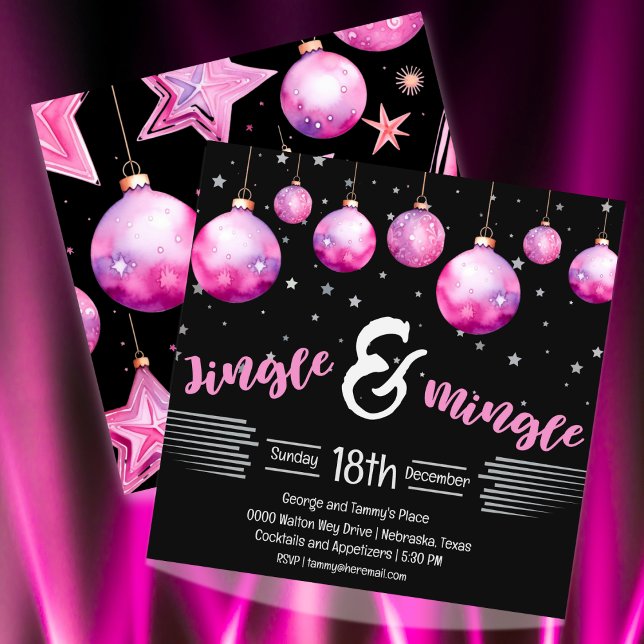Convite Enfeites de natal Dramáticos Pretos e Rosa Jingle (Hot pink and a lot of drama for your Jingle and Mingle holiday party. Fully customizable )