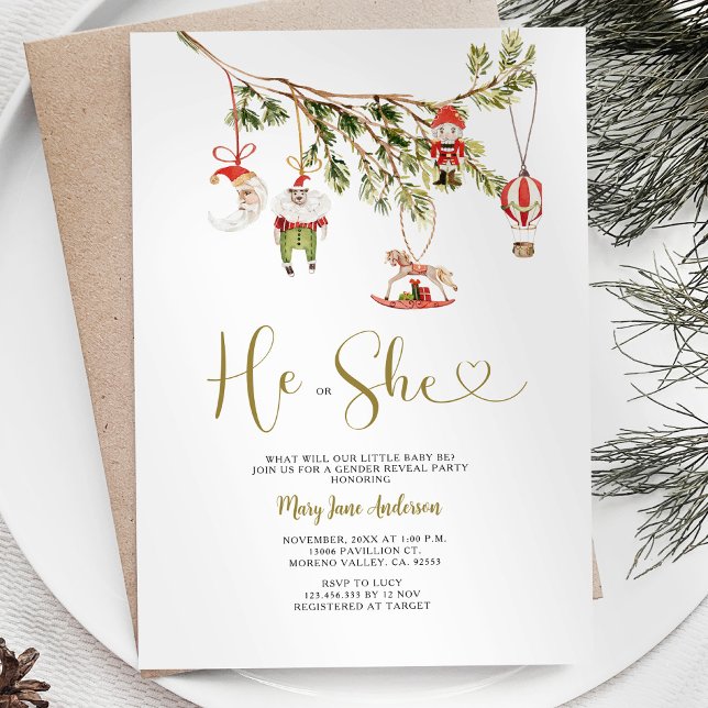 Convite Enfeites de natal Ele ou Ela Revelam o Gênero (Criador carregado)
