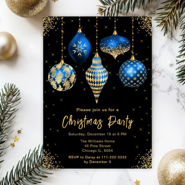 Convite Enfeites de Natal em Azul e Dourado Festa de Natal (Criador carregado)