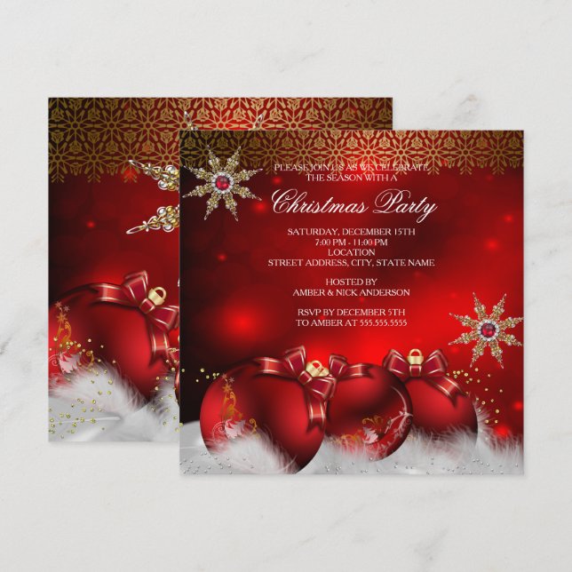 Convite Enfeites de Natal em prata e dourado Vermelho Holl (Frente/Verso)