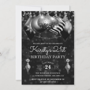 Convite Enfeites de Natal Preto e Prata 21º Aniversário