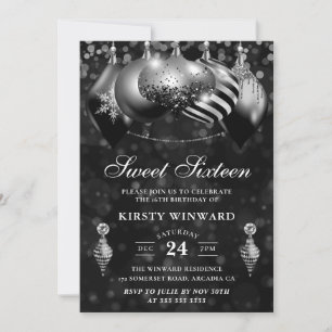 Convite Enfeites de Natal Preto e Prata Sweet Sixteen