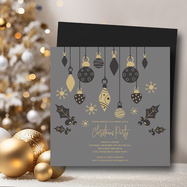 Convite Enfeites de natal quic nas Cinzas (Chic Christmas tree ornaments on grey 5.25" square invitations, PRINTED and/or INSTANT DOWNLOAD)