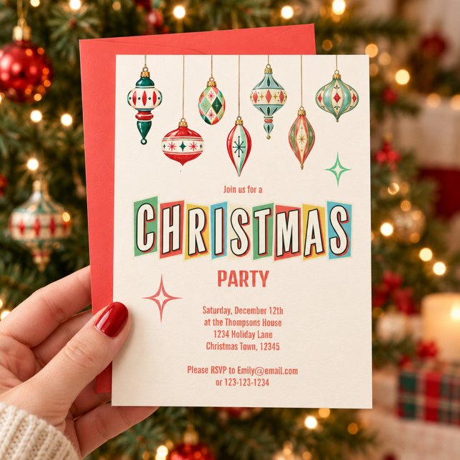 Convite Enfeites de Natal Retro Festa de Natal (Retro Christmas ornaments bring cheerful vintage style to this festive party invitation.
)