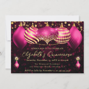 Convite Enfeites de Natal Rosa e Dourado Quinceanera