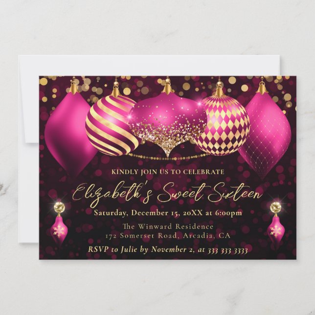 Convite Enfeites de Natal Rosa e Dourado Sweet 16 (Frente)