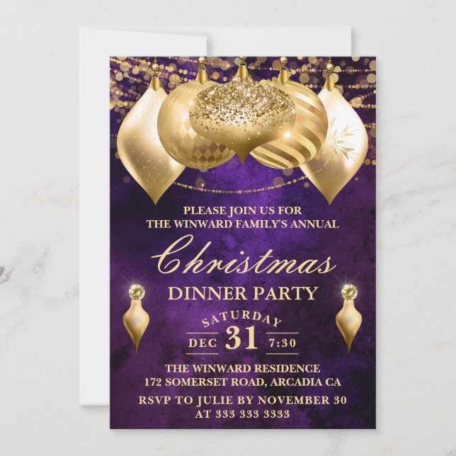 Convite Enfeites de Natal Roxo e Dourado (Frente)