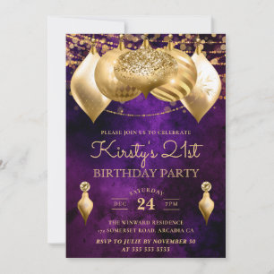 Convite Enfeites de Natal Roxo e Dourado Aniversário de 21