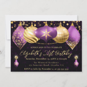 Convite Enfeites de Natal Roxo e Dourado Festa de Aniversá