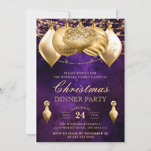 Convite Enfeites de Natal Roxo e Dourado Jantar de Natal (Frente)