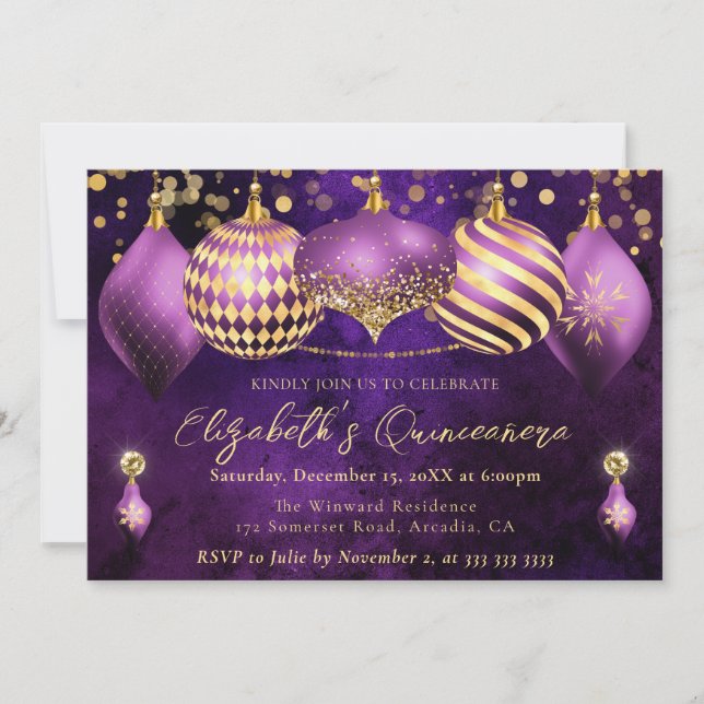 Convite Enfeites de Natal Roxo e Dourado Quinceanera (Frente)