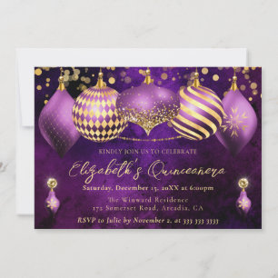 Convite Enfeites de Natal Roxo e Dourado Quinceanera