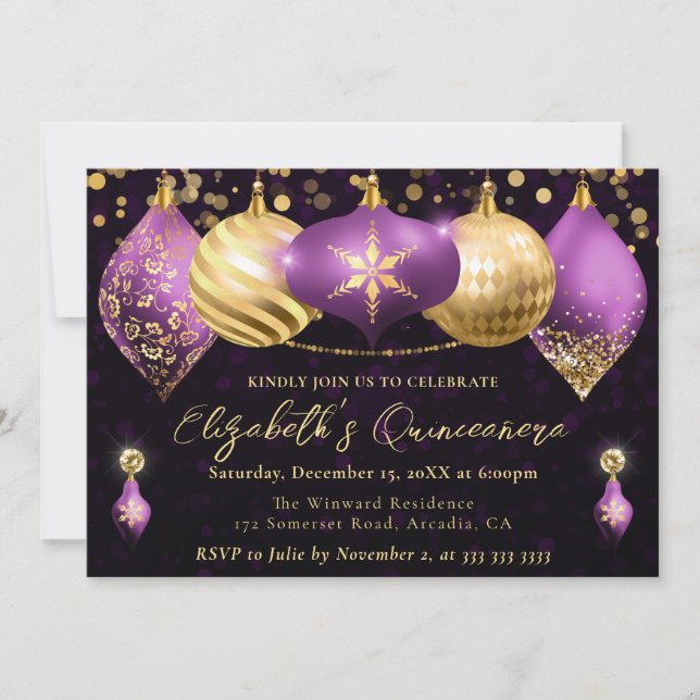 Convite Enfeites de Natal Roxo e Dourado Quinceanera (Frente)