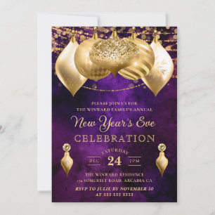 Convite Enfeites de Natal Roxo e Dourado Réveillon