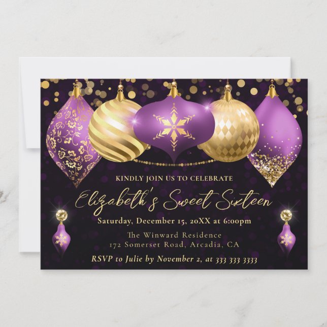 Convite Enfeites de Natal Roxo e Dourado Sweet 16 (Frente)