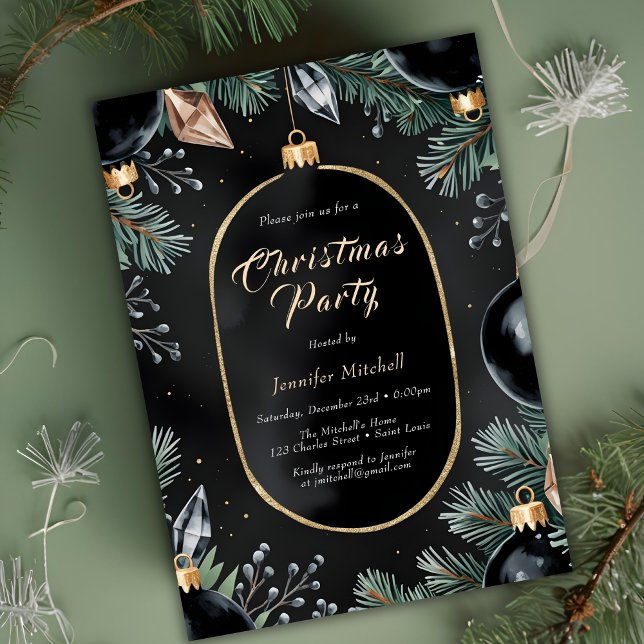 Convite Enfeites de Ouro Preto Festa de Natal Moderna (Black Gold Ornaments Modern Christmas Party Invitation)