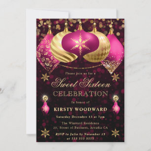 Convite Enfeites de Purpurina Rosa e Dourado Sweet Sixteen