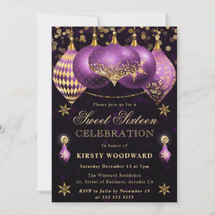 Convite Enfeites de Purpurina Roxa e Dourada Sweet Sixteen