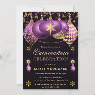 Convite Enfeites de Quinceanera com Brilho Roxo e Dourado