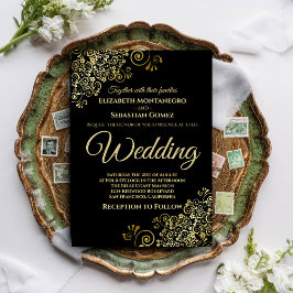 Convite Enfeites Dourados Simples Elegante Casamento Preto